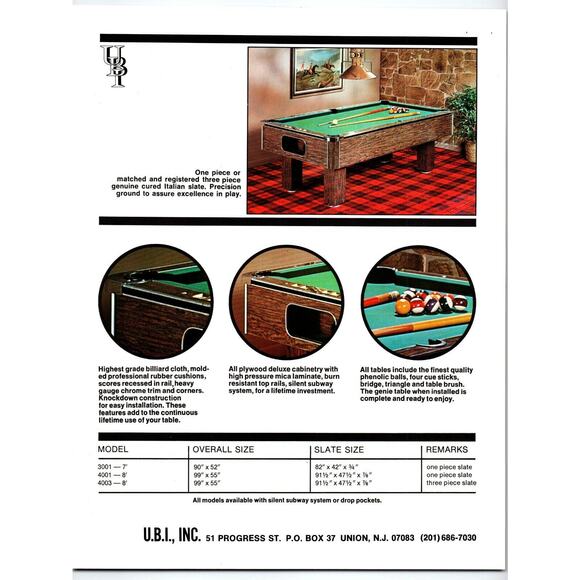 Genie Pool Table Sales Flyer UBI Vintage Retro Original 2 Sided Promo 8.5" x 11" - Picture 2 of 2